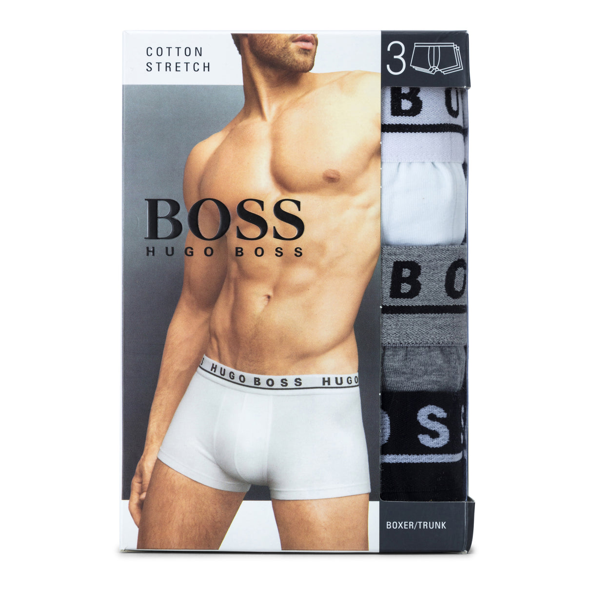 Hugo Boss Three-Pack of Stretch-Cotton Trunks with Logo Waistbands, Black/Grey/White