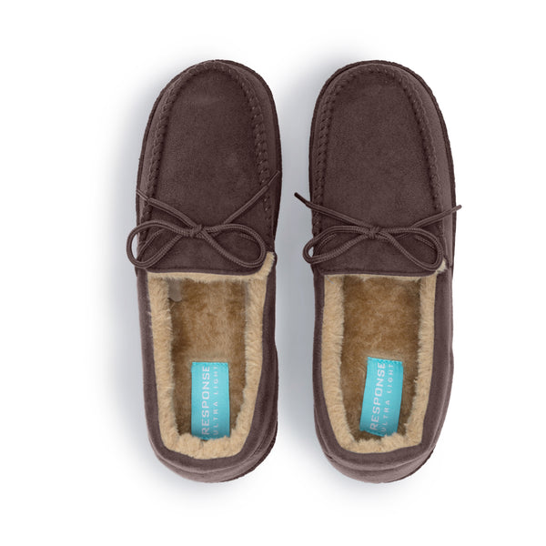 Men's Moccasin Lace Slippers with Faux Fur Lining in Dark Brown