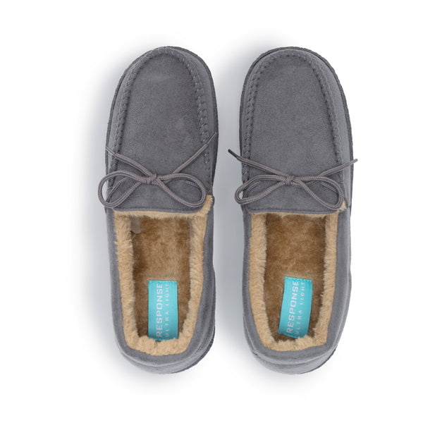 Men's Moccasin Lace Slippers with Faux Fur Lining in Grey