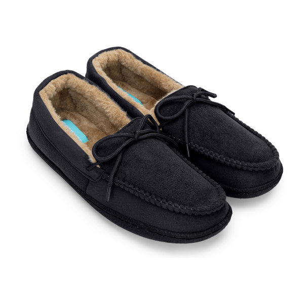 Men's Moccasin Lace Slippers with Faux Fur Lining in Black