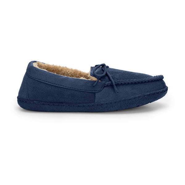 Men's Moccasin Lace Slippers with Faux Fur Lining in Navy